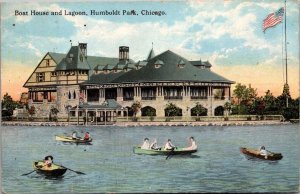 1915 HUMBOLDT PARK BOAT HOUSE & LAGOON*CHICAGO*AMERICAN FLAGS*ROWBOATS*POSTCARD