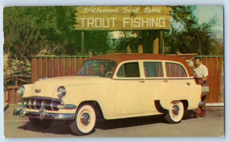 Winona Minnesota MN Postcard 1954 Chevrolet Car Hollywood Trout Lakes Fishing