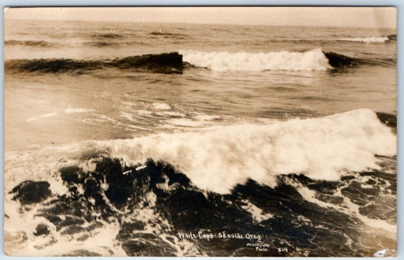 c1950s Seaside, OR RPPC White Cap Waves Real Photo Pacific Ocean Woodsiela A131