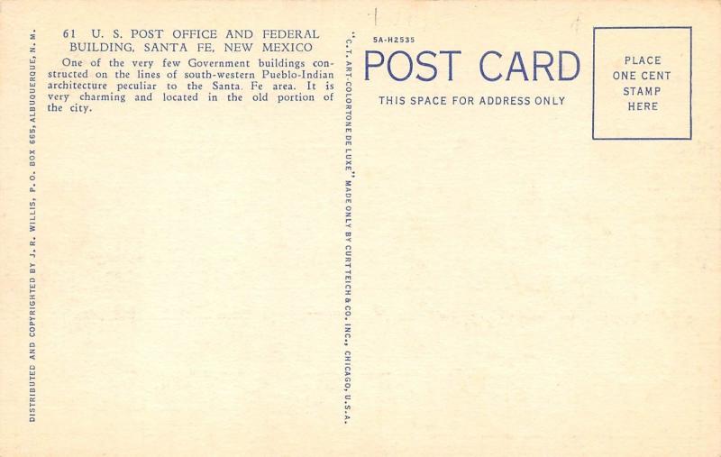 Santa Fe New Mexico 1940s Postcard US Post Office and Federal Building