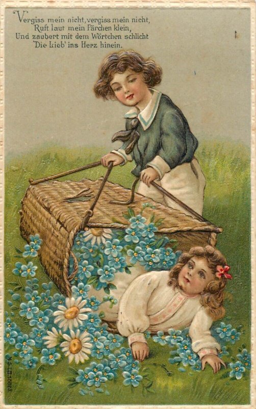 Embossed children couple floral fantasy 1911 postcard Switzerland