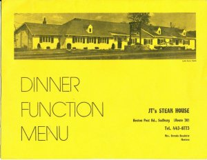 JTs Steak House Sudbury MA Dinner Function Menu 1960s