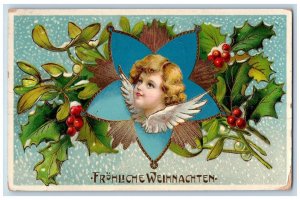 Lytton Iowa IA Postcard Christmas Angel Star Holly Berries Gel Gold Gilt 1915