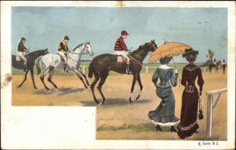 Fancy Women w/ Parasol at Horse Races c1905 Postcard