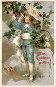Christmas Young Girl Gathers Holly Gilt Embossed WINSCH Vintage Postcard