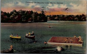 1945 MACON GA CANOEING ON LAKE MIDDLE GA PLAYGROUND HWY 80 LINEN POSTCARD 34-213