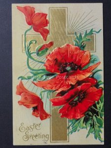 Embossed Poppies Postcard: Easter Greetings - USA (PM) LANCASTER NY DUPLEX (1)