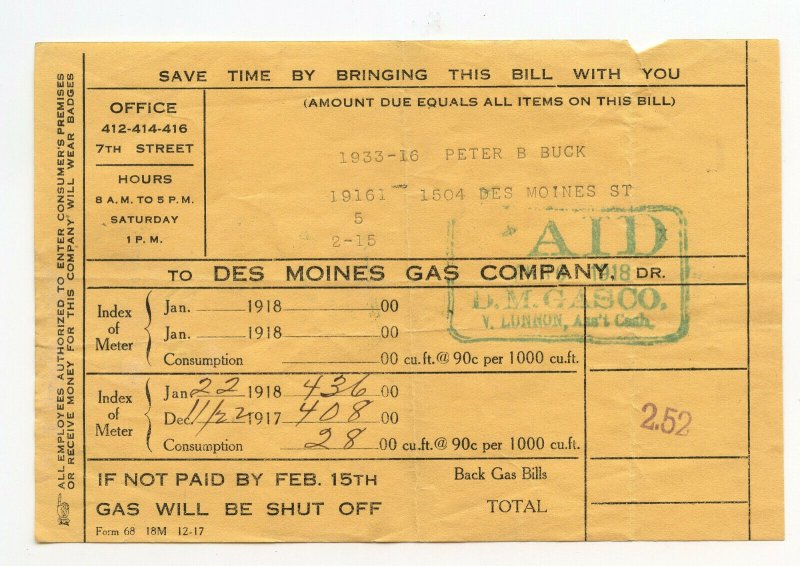 Des Moines Gas Company Dec 22 191 Jan 22 1918 Bill