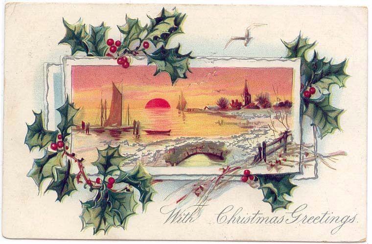 Early Christmas Greetings PC, Sun Setting on the Ocean in Winter, Tuck 1907