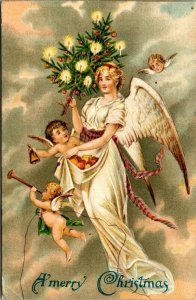 Beautiful Angel Cherubs Tree Candle Merry Christmas Postcard Embossed United Art