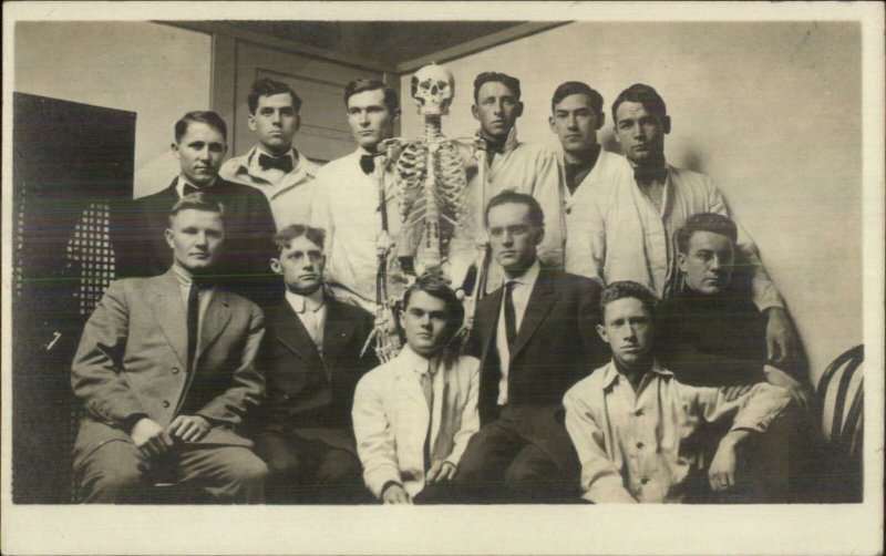 Medical Students Pose Anatomy Skeleton Lincoln NE 1912 Real Photo Postcard xst