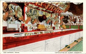 Postcard TX San Antonio Hunting Trophies Bar View Old Buckhorn Saloon 1920s S63