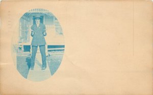RPPC Cyanotype Postcard Pigeon Toed Man in Double Breasted Feminine Cut Suit