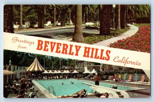 Beverly Hills California Postcard Greetings Banner Exterior Pool c1960 Vintage