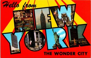 Large Letter Hello From New York City Wonder City Chrome NY Postcard Souvenir