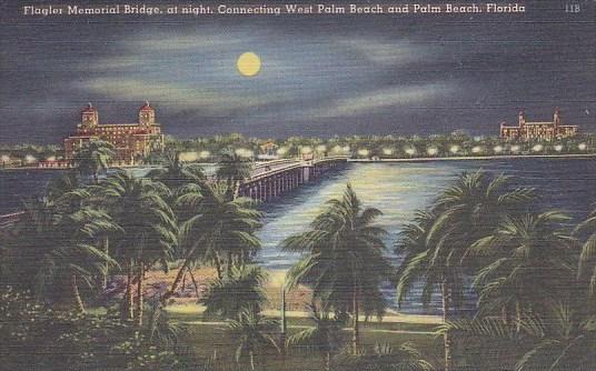 Florida Palm Beach Flagler Memorial Bridge At Night Connecting West Palm Beac...