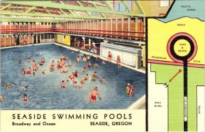 Seaside, OR Oregon SEASIDE SWIMMING POOLS Indoor Plunges ca1940's Linen Postcard