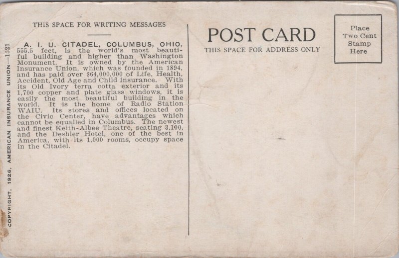 USA Ohio Columbus A.I.U. Citadel Vintage Postcard C231