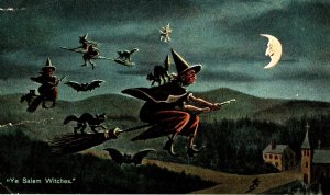 Salem Witches Postcard Bat Black Cat Broom Moon Man Face Halloween Hugh Leighton