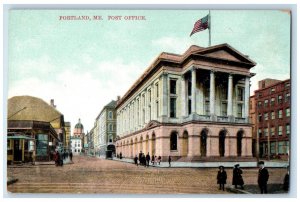 c1910 American Flag, Post Office and Road Scene, Portland Maine ME Postcard 