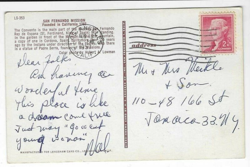 posted 1957 postcard, San Fernando Mission, California