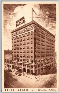 Wichita Kansas 1940s Postcard Hotel Lassen Cars Flagpole