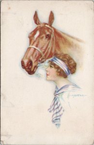 Woman and Horse Art Deco #2132 Bertiglia Artist Postcard G64