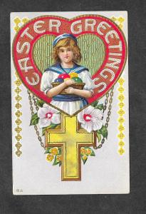 1912 Embossed Postcard Easter Child Flowers Cross!