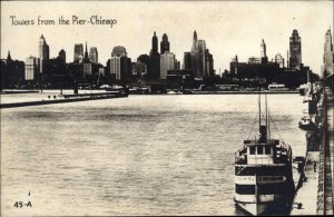 Chicago Illinois IL Towers from Pier Fishing Boat Real Photo Vintage Postcard