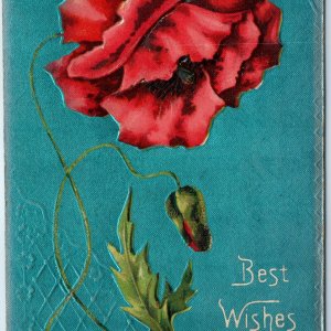 c1910s Blue Silver Best Wishes Red Poppy Flower Glistens PC Little Sioux IA A177