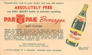 ParTPak Beverages Fresno, CA, USA Advertising Label on back stain on front