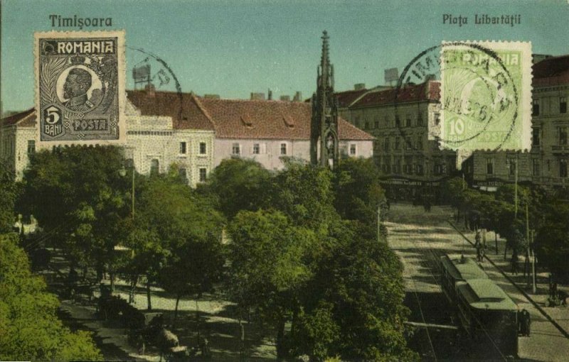 romania, TIMIȘOARA, Piața Libertății, Tram Street Car (1926) Postcard