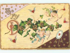 Pre-Linen valentine CUPIDS TAKE TARGET PRACTICE PLUS LETTERS ON LEAVES J0983