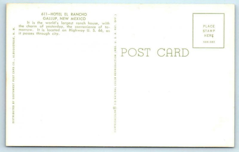 GALLUP, New Mexico NM ~ ROUTE 66 Roadside HOTEL EL RANCHO c1960s  Postcard