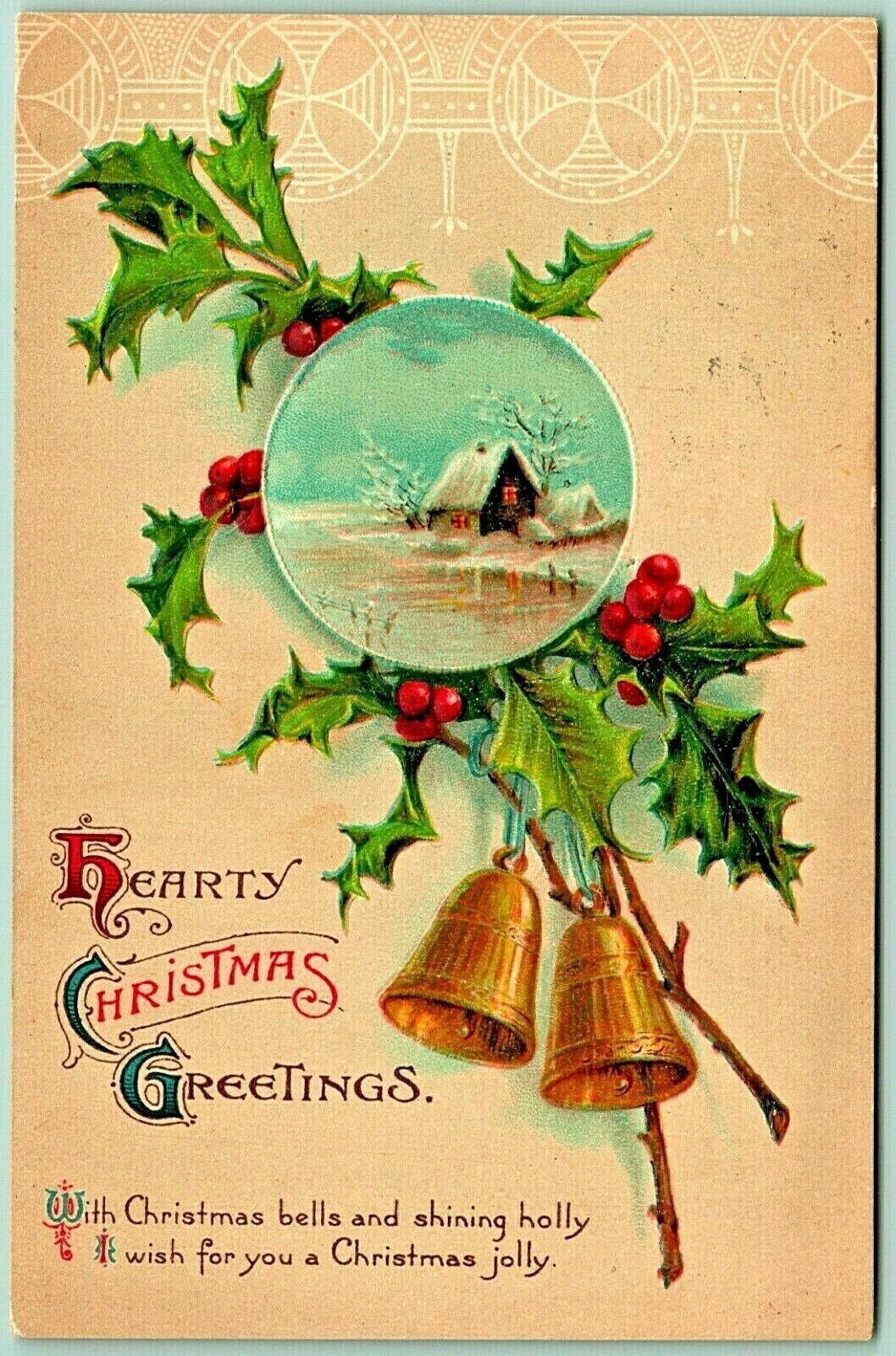 Holly Bells Poem Jolly Hearty Christmas Greetings Embossed 1912 DB ...