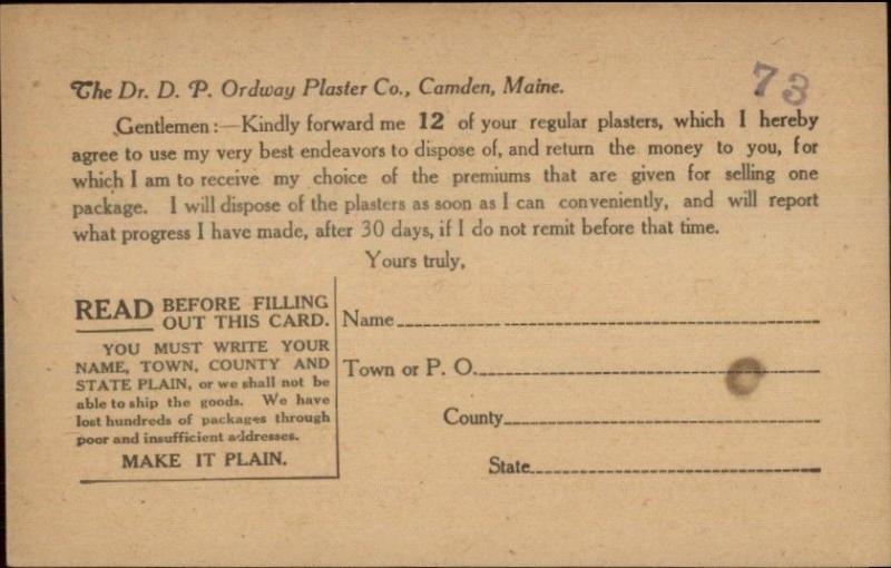 Camden ME Dr. DP Ordway Plaster Co Response Postcard c1910