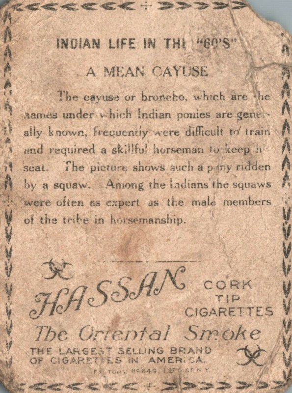 1910's A Mean Cayuse Horse Riding Hassan The Oriental Smoke Trade Card