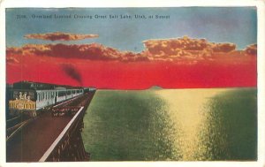 Utah Overland Limited Train Crossing Great Salt Lake White Border Postcard