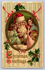 J99/ Santa Claus Christmas Postcard c1910 Kids Holly 405