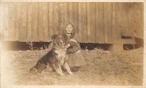 E59/ Interesting Real Photo RPPC Postcard c1910 Girl with Pet Dog Barn 3 