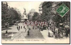 Old Postcard The Paris Turbigo Street and the statue of the Republic