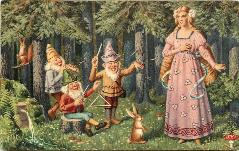 FantasyArt Postcard 2260 Waldkonzert Forest Gnomes Play Music for Beautiful Girl