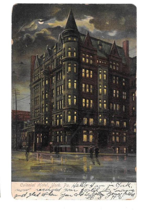 York PA Colonial Hotel Night Vintage UDB Postcard ILPC Co