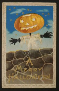 1910s Halloween Postcard Jack-O'-Lantern Scarecrow behind Rock Wall