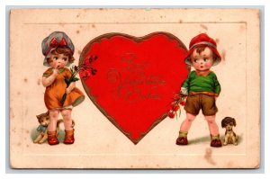 Adorable Children Giant Heart Best Valentine Wishes Embossed DB Postcard Q22