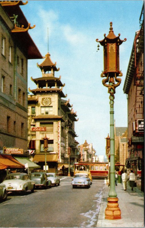 Vtg 1950s Chinatown Grant Avenue Street Car San Francisco CA Unused Postcard