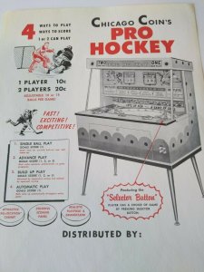 Chicago Coin Pro Hockey Arcade FLYER 1961 Original NOS Mechanical Game Artwork