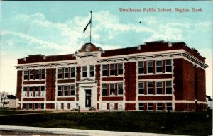 Postcard SK Regina Strathcona Public School Brick Building Bicycles 1916 K50