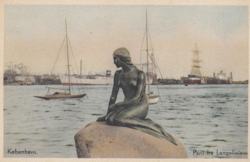 Copenhagen Nude Female Statue By Boats Ship Old Denmark Postcard