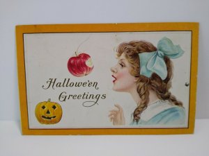 Halloween Postcard Blue Ribbon Women Apple Vintage Stecher Original Nappanee IND